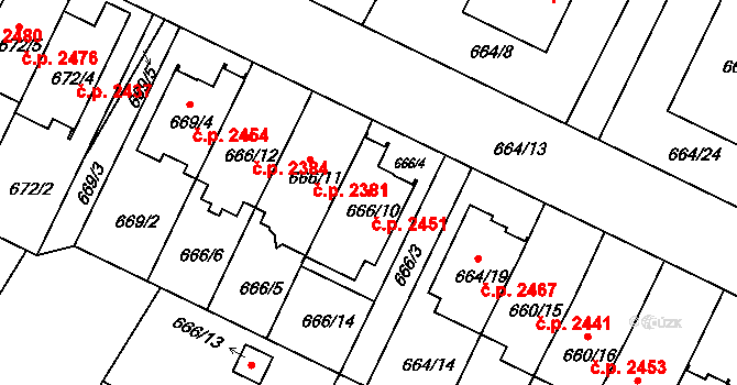 České Budějovice 3 2451, České Budějovice na parcele st. 666/10 v KÚ České Budějovice 3, Katastrální mapa