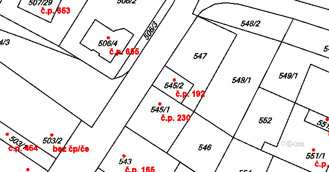 Blučina 192 na parcele st. 545/2 v KÚ Blučina, Katastrální mapa