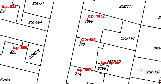 Rosice 491 na parcele st. 470 v KÚ Rosice u Brna, Katastrální mapa