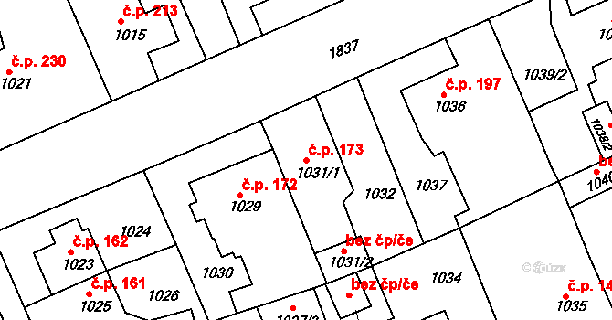 Černice 173, Plzeň na parcele st. 1031/1 v KÚ Bručná, Katastrální mapa