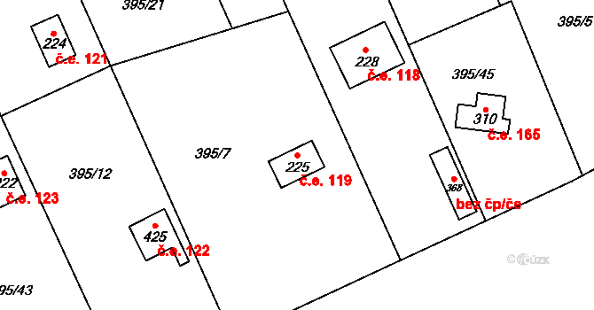 Lhotky 119, Hostěnice na parcele st. 225 v KÚ Hostěnice, Katastrální mapa
