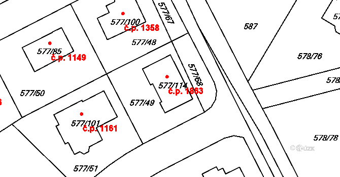 Újezd nad Lesy 1863, Praha na parcele st. 577/114 v KÚ Újezd nad Lesy, Katastrální mapa