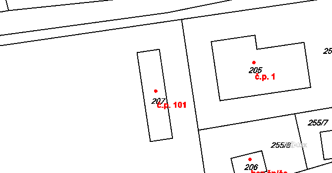 Malonty 101 na parcele st. 207 v KÚ Malonty, Katastrální mapa