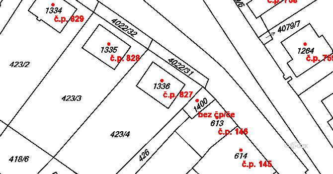 Horní Slavkov 827 na parcele st. 1336 v KÚ Horní Slavkov, Katastrální mapa