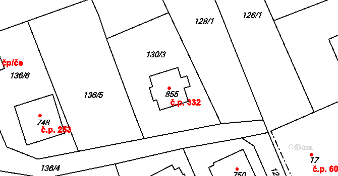 Dobřív 332 na parcele st. 855 v KÚ Dobřív, Katastrální mapa