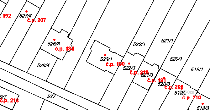 Horákov 190, Mokrá-Horákov na parcele st. 523/1 v KÚ Horákov, Katastrální mapa