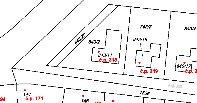 Mochov 318 na parcele st. 843/11 v KÚ Mochov, Katastrální mapa
