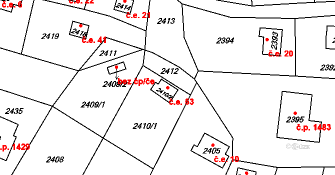 Valašské Meziříčí 53 na parcele st. 2410/2 v KÚ Valašské Meziříčí-město, Katastrální mapa