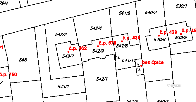 Pozořice 670 na parcele st. 542/9 v KÚ Pozořice, Katastrální mapa