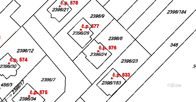 Hrušky 576 na parcele st. 2396/24 v KÚ Hrušky, Katastrální mapa