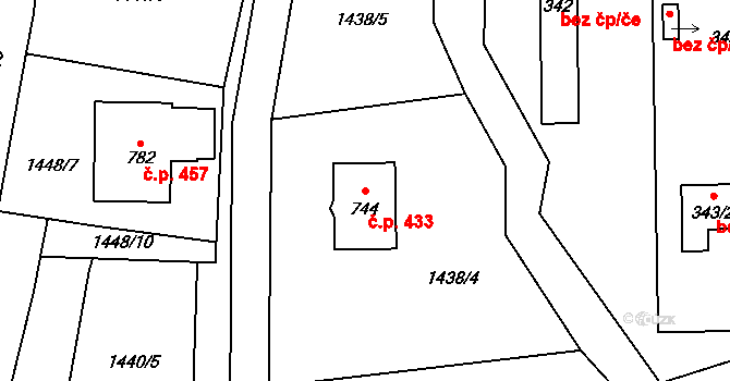 Louky 433, Zlín na parcele st. 744 v KÚ Louky nad Dřevnicí, Katastrální mapa