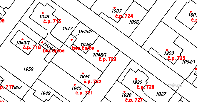 Jemnice 723 na parcele st. 1945/1 v KÚ Jemnice, Katastrální mapa
