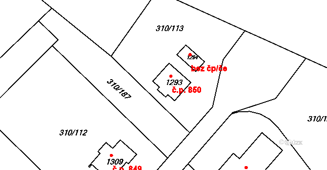 Lom 850 na parcele st. 1293 v KÚ Lom u Mostu, Katastrální mapa