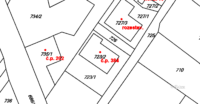 Všebořice 384, Ústí nad Labem na parcele st. 723/2 v KÚ Všebořice, Katastrální mapa