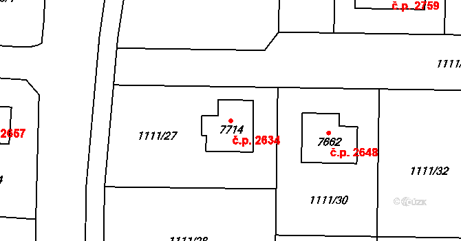 Cheb 2634 na parcele st. 7714 v KÚ Cheb, Katastrální mapa