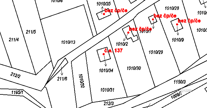 Štěnovice 137 na parcele st. 1010/34 v KÚ Štěnovice, Katastrální mapa