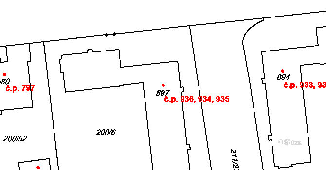 Hrabůvka 934,935,936, Ostrava na parcele st. 897 v KÚ Hrabůvka, Katastrální mapa