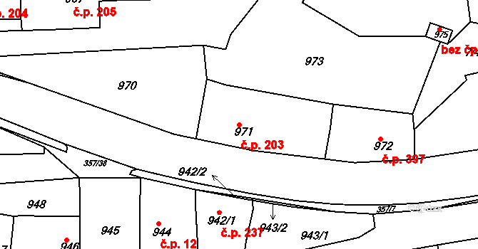 Zádveřice 203, Zádveřice-Raková na parcele st. 971 v KÚ Zádveřice, Katastrální mapa