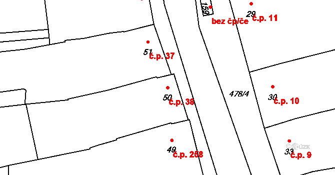 Sazovice 38 na parcele st. 50 v KÚ Sazovice, Katastrální mapa
