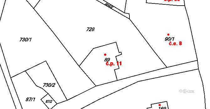 Lesné 11, Jiřetín pod Jedlovou na parcele st. 89 v KÚ Rozhled, Katastrální mapa