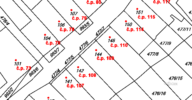 Obrnice 109 na parcele st. 144 v KÚ Obrnice, Katastrální mapa