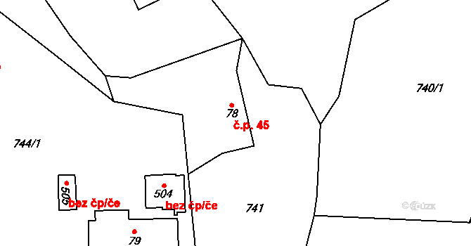 Dachov 45, Miřetice na parcele st. 78 v KÚ Miřetice u Nasavrk, Katastrální mapa
