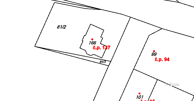 Kluky 137 na parcele st. 166 v KÚ Kluky u Čáslavi, Katastrální mapa