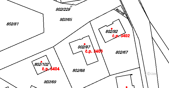 Milovice 3403 na parcele st. 802/97 v KÚ Milovice nad Labem, Katastrální mapa
