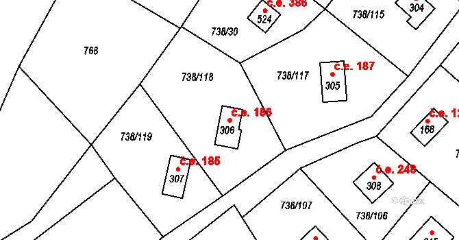 Vlkančice 186 na parcele st. 306 v KÚ Vlkančice, Katastrální mapa
