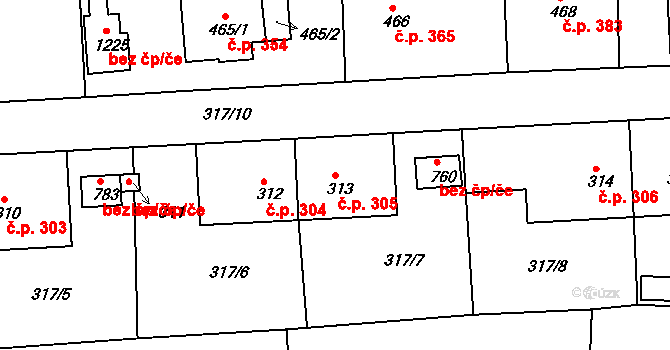 Kaznějov 305 na parcele st. 313 v KÚ Kaznějov, Katastrální mapa