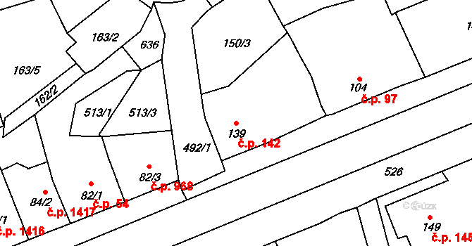 Rudná 142 na parcele st. 139 v KÚ Dušníky u Rudné, Katastrální mapa