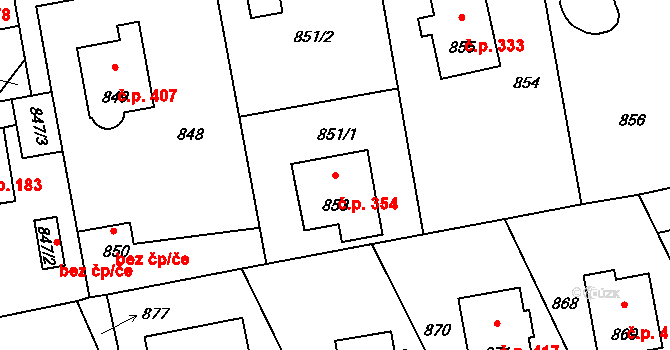 Průhonice 354 na parcele st. 853 v KÚ Průhonice, Katastrální mapa