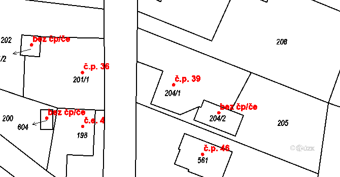 Sedlecko 39, Bušovice na parcele st. 204/1 v KÚ Sedlecko, Katastrální mapa