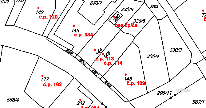 Babí 114, Náchod na parcele st. 145 v KÚ Babí u Náchoda, Katastrální mapa