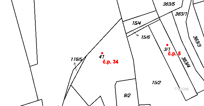 Hrádek 34, Srch na parcele st. 41 v KÚ Hrádek u Pardubic, Katastrální mapa