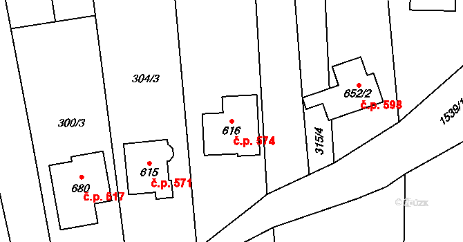 Bílovice 574 na parcele st. 616 v KÚ Bílovice u Uherského Hradiště, Katastrální mapa