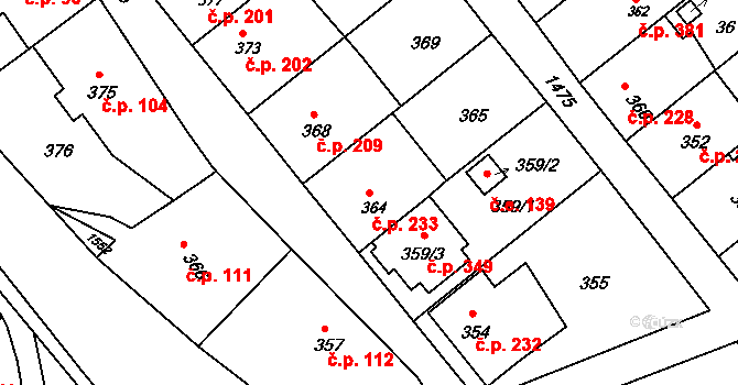 Olomučany 233 na parcele st. 364 v KÚ Olomučany, Katastrální mapa