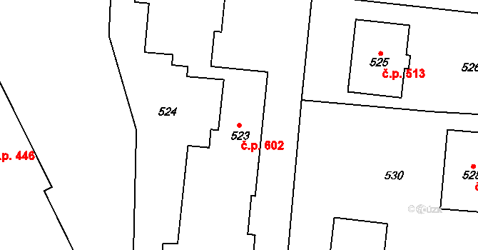 Rájec 602, Rájec-Jestřebí na parcele st. 523 v KÚ Rájec nad Svitavou, Katastrální mapa