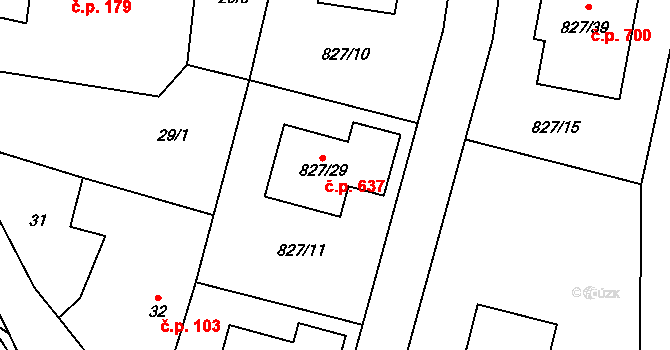 Zruč 637, Zruč-Senec na parcele st. 827/29 v KÚ Zruč, Katastrální mapa