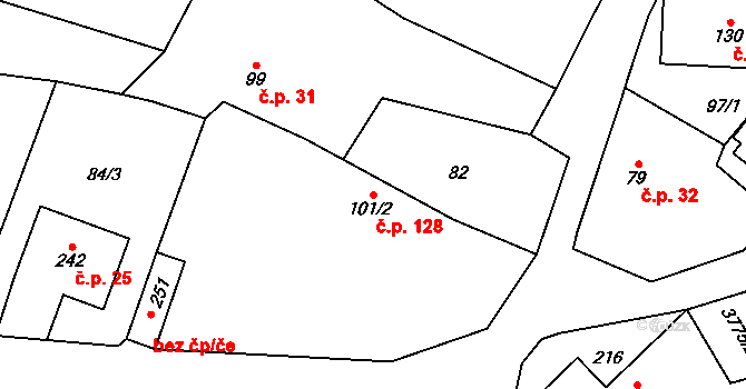 Bílov 128 na parcele st. 101/2 v KÚ Bílov, Katastrální mapa