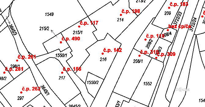 Žirovnice 142 na parcele st. 216 v KÚ Žirovnice, Katastrální mapa