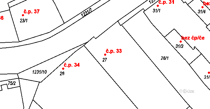 Hřivice 33 na parcele st. 27 v KÚ Hřivice, Katastrální mapa