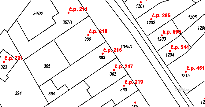 Trmice 215 na parcele st. 363 v KÚ Trmice, Katastrální mapa