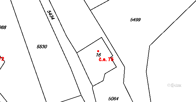 Uhřínov 75, Liberk na parcele st. 16 v KÚ Malý Uhřínov, Katastrální mapa