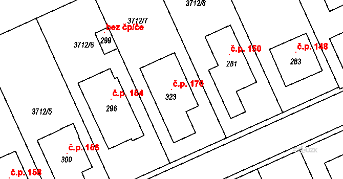 Kozlany 170 na parcele st. 323 v KÚ Kozlany u Vyškova, Katastrální mapa