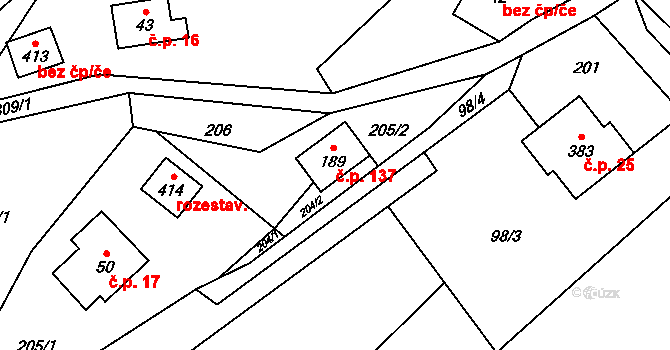 Guty 137, Třinec na parcele st. 189 v KÚ Guty, Katastrální mapa
