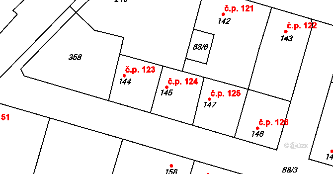 Hospozín 124 na parcele st. 145 v KÚ Hospozín, Katastrální mapa
