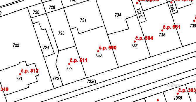Lužice 660 na parcele st. 730 v KÚ Lužice u Hodonína, Katastrální mapa