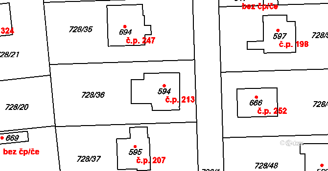 Mukařov 213 na parcele st. 594 v KÚ Mukařov u Říčan, Katastrální mapa