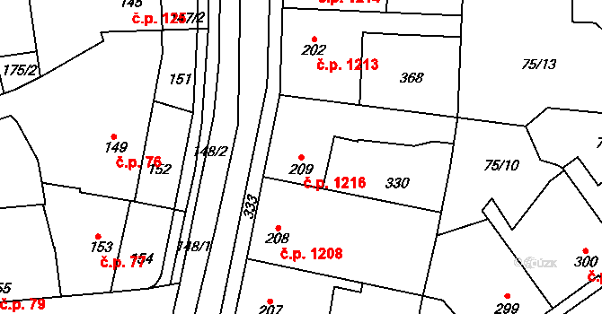 Švermov 1216, Kladno na parcele st. 209 v KÚ Hnidousy, Katastrální mapa